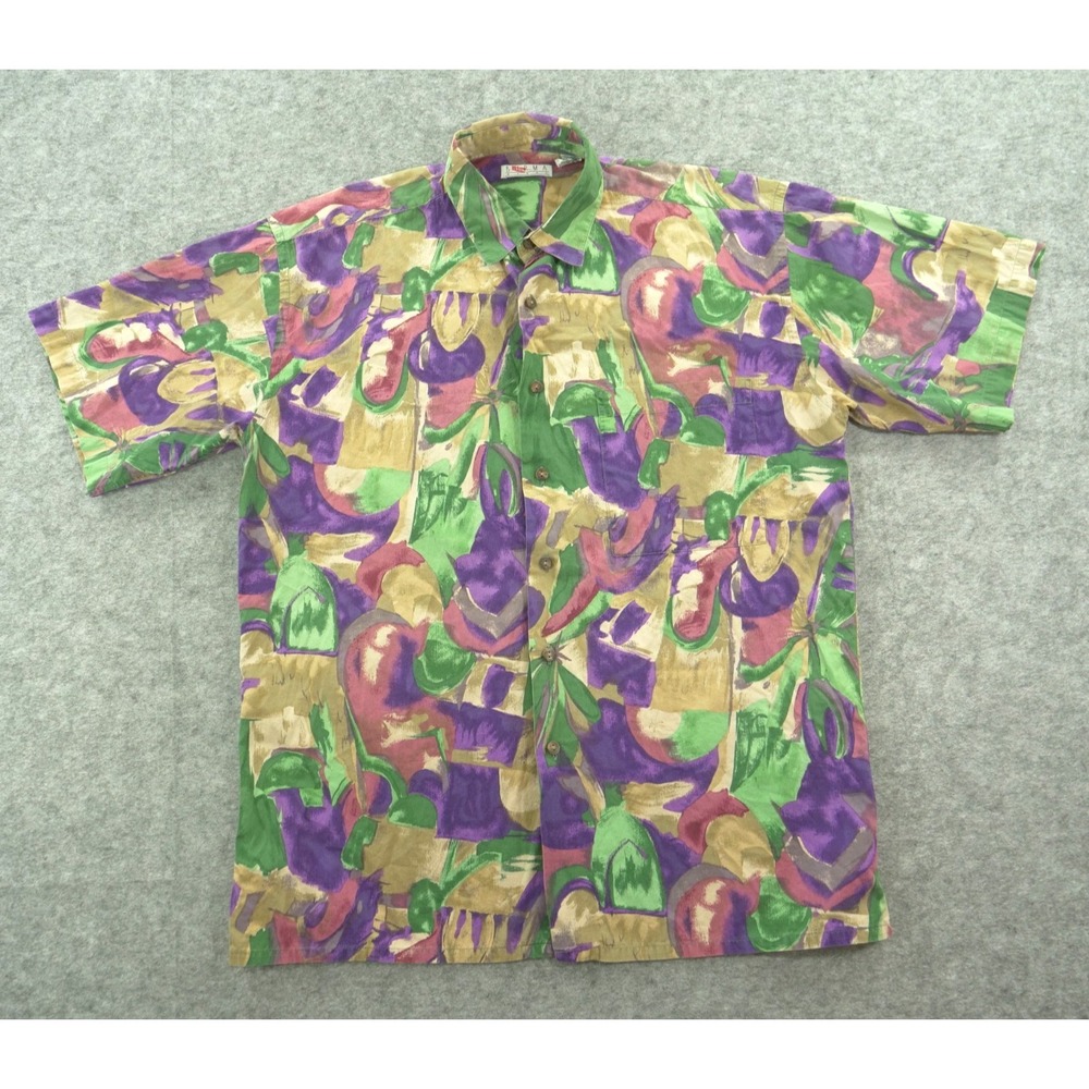 Vintage Burma Bibas Shirt Mens Medium Purple Green Abstract Print Button Up